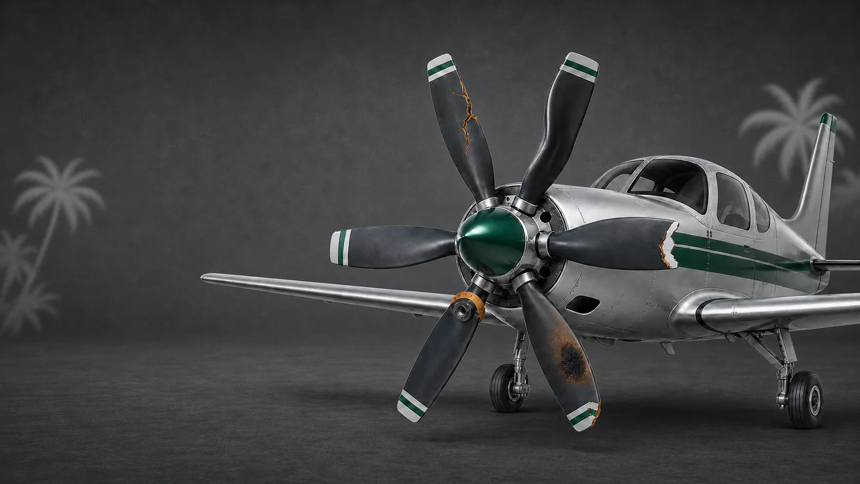 Aircraft with a damaged six-blade propeller